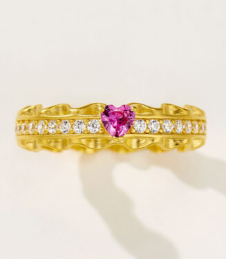 front side close-up of Enchanting Heart-Shaped Pink Zirconia Sterling Silver Ring