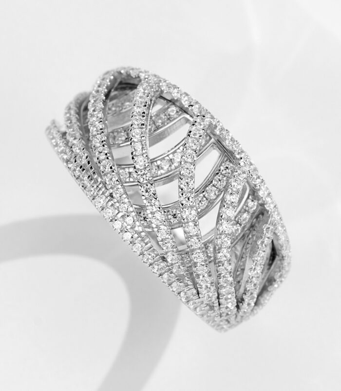 top side close-up of Bold Criss-Cross Cubic Zirconia Pavé Sterling Silver Band Ring