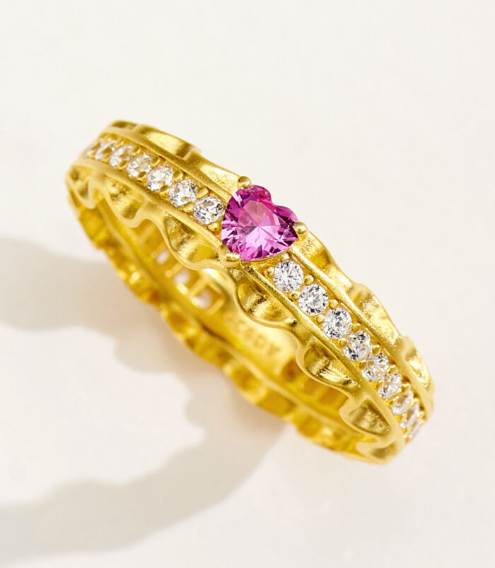 side view close-up of Enchanting Heart-Shaped Pink Zirconia Sterling Silver Ring