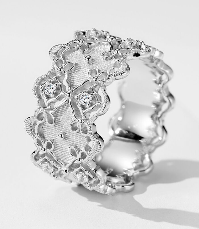 side view close-up of Romantic Openwork Floral Design Sterling Silver Band Ring