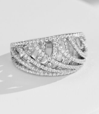 side view close-up of Bold Criss-Cross Cubic Zirconia Pavé Sterling Silver Band Ring