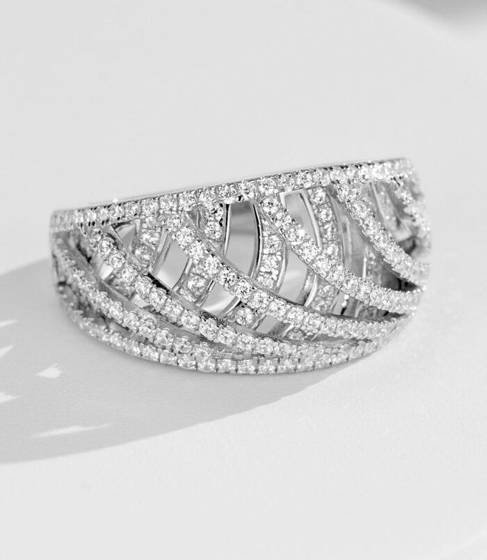 side view close-up of Bold Criss-Cross Cubic Zirconia Pavé Sterling Silver Band Ring