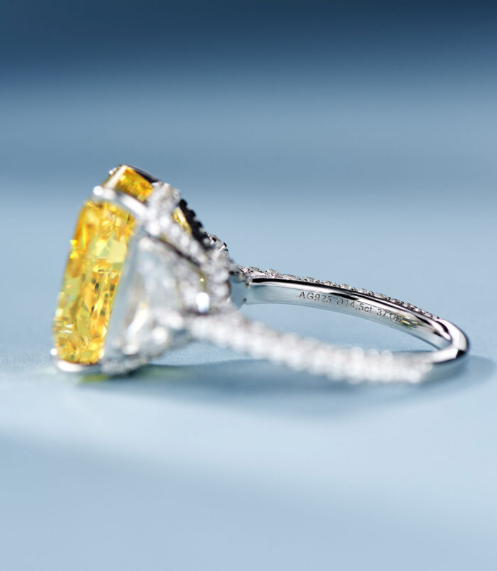 inner side close-up of Luxury Yellow Emerald-Cut Three-Stone Sterling Silver Ring