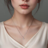 Sterling Silver Solitaire Pear-Shaped Zirconia Pendant Necklace worn on model's neck