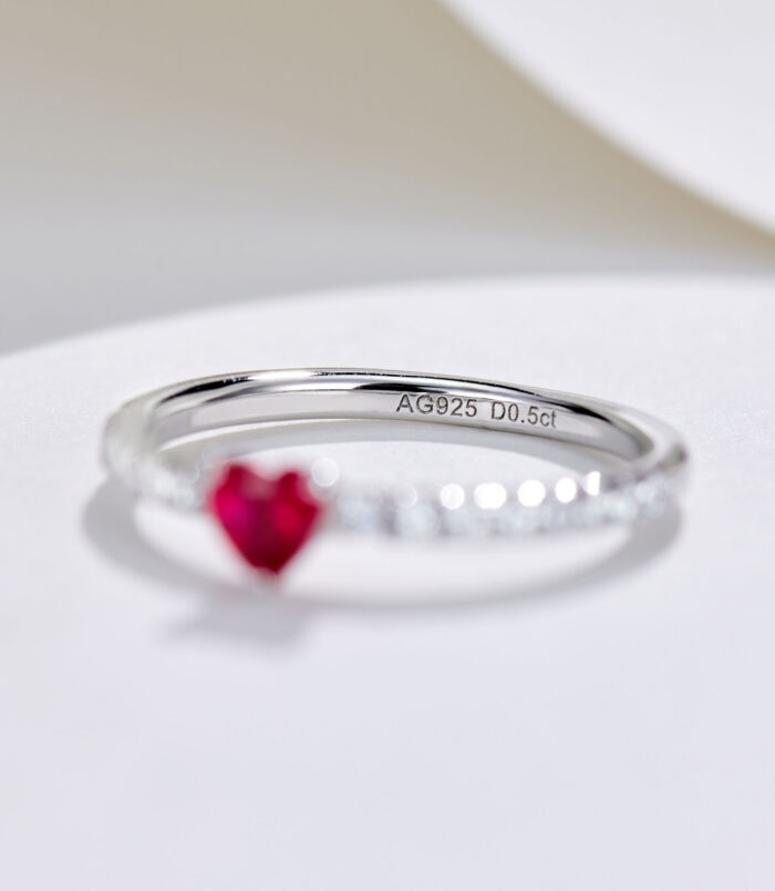 inner side close-up of Enchanting Heart-Shaped Simulated Ruby Sterling Silver Ring
