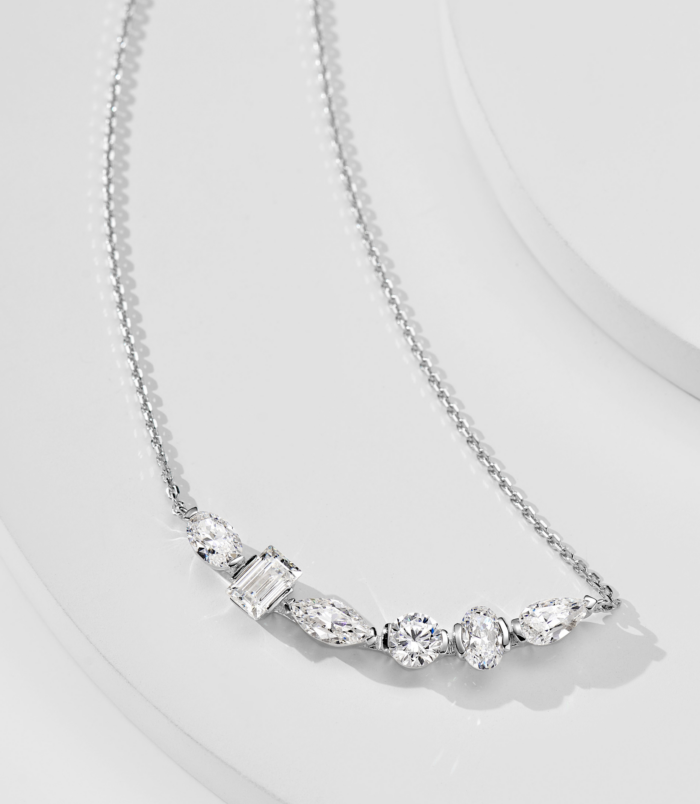 Sterling Silver smile Mixed-Cut Cubic Zirconia Stones Bar Necklace side view side view close-up of Sterling Silver smile Mixed-Cut Cubic Zirconia Stones Bar Necklace