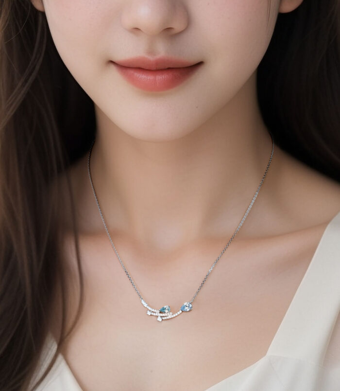 Sterling Silver Blue Zirconia Stones and Star Accents Necklace wearing effect Sterling Silver Blue Zirconia Stones and Star Accents Necklace worn on model's neck
