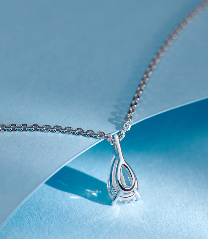 back view close-up of Sterling Silver Solitaire Pear-Shaped Zirconia Pendant Necklace