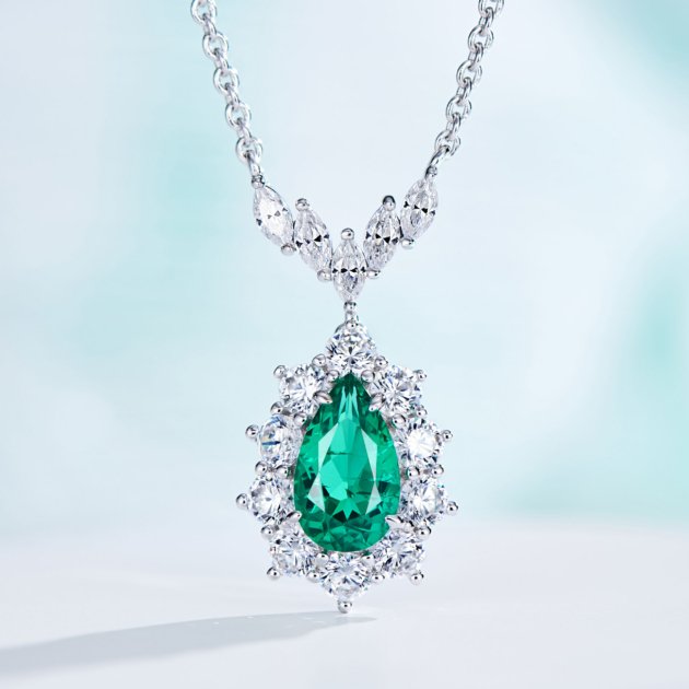 1.7ct Emerald and Diamond Halo | Silver Necklace