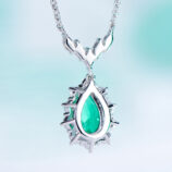 back view close-up of Sterling Silver Pear-Cut Green Cubic Zirconia Halo Pendant Necklace