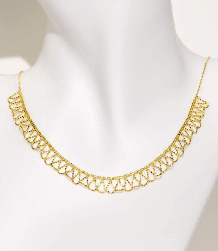 Exquisite gold-plated sterling silver collar necklace, featuring a intricate lace-like design with a scalloped edge, crafted with precision to create a delicate and feminine look, perfect for adding a touch of elegance to any outfit.