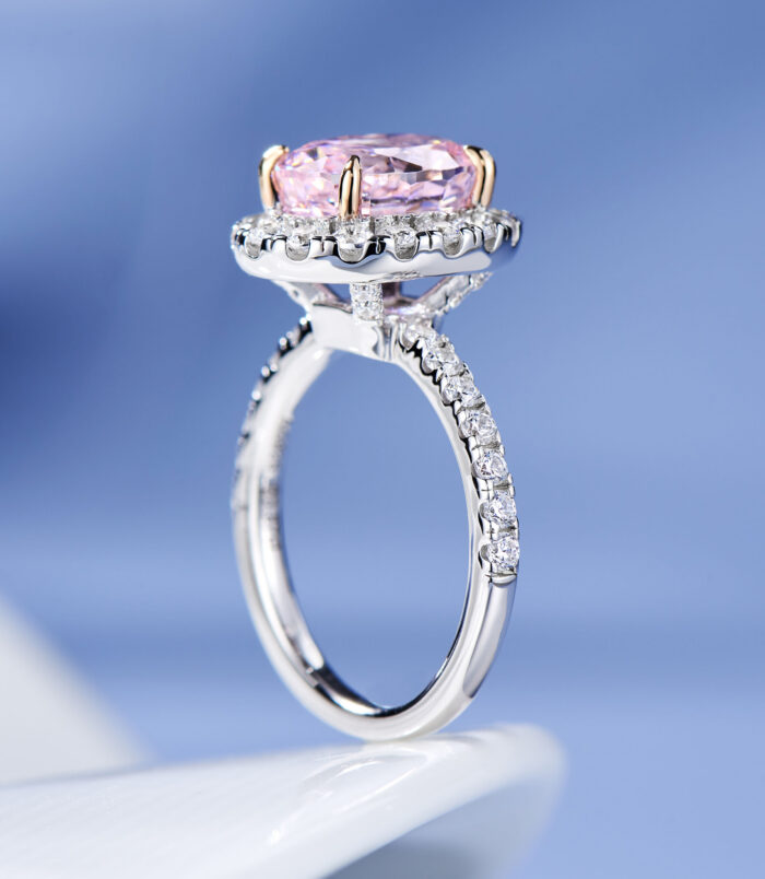 side view close-up of Glamorous Pink Gemstone Halo Sterling Silver Ring