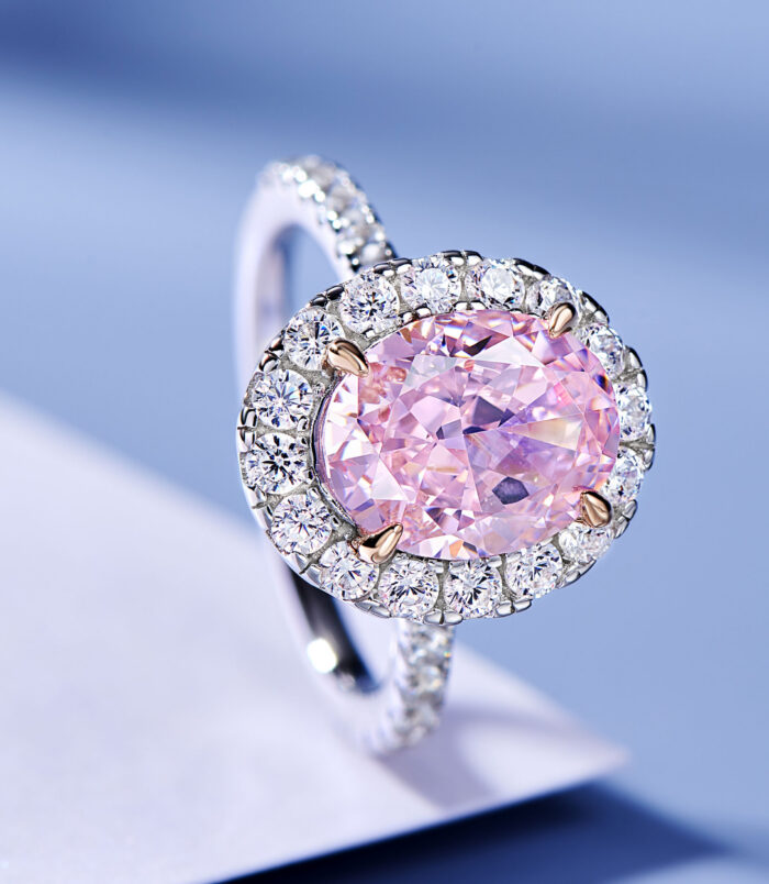 main stone close-up of Glamorous Pink Gemstone Halo Sterling Silver Ring