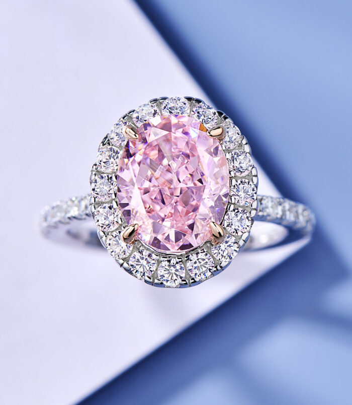 top view close-up of Glamorous Pink Gemstone Halo Sterling Silver Ring