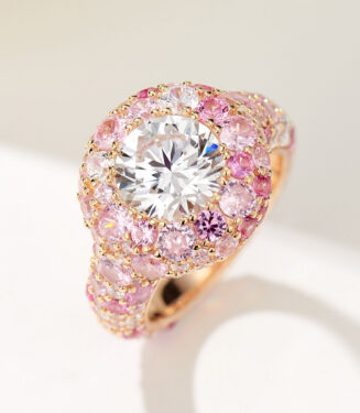 side view close-up of Romantic Pink Double Halo Sterling Silver Ring