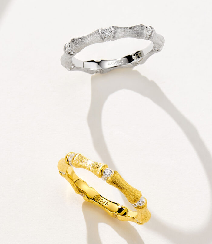 Nature-Inspired Bamboo Design Textured Sterling Silver Ring color comparison: white gold color vs. yellow gold color