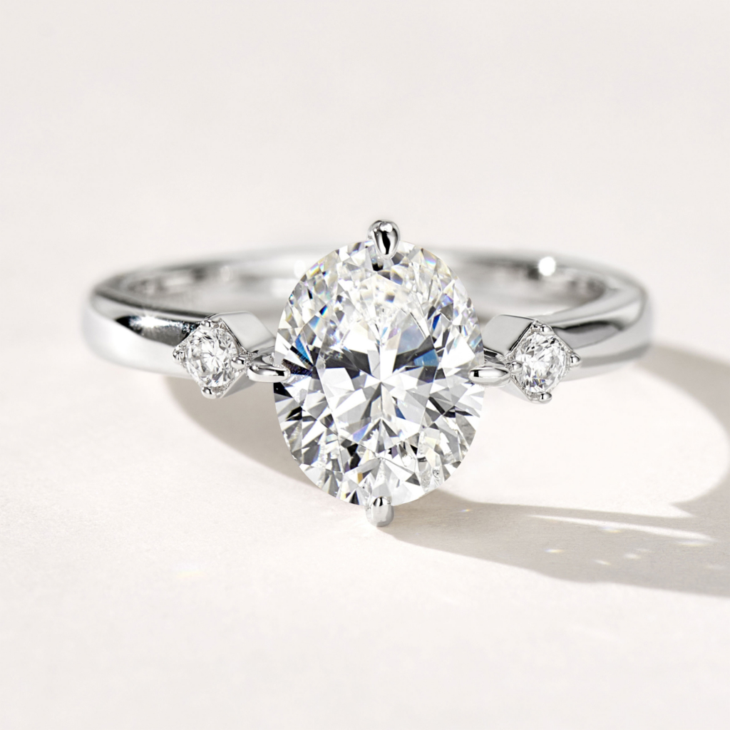 Rhodium plated Luxurious Oval-Cut Cubic Zirconia Gold-Plated Sterling Silver Ring front view