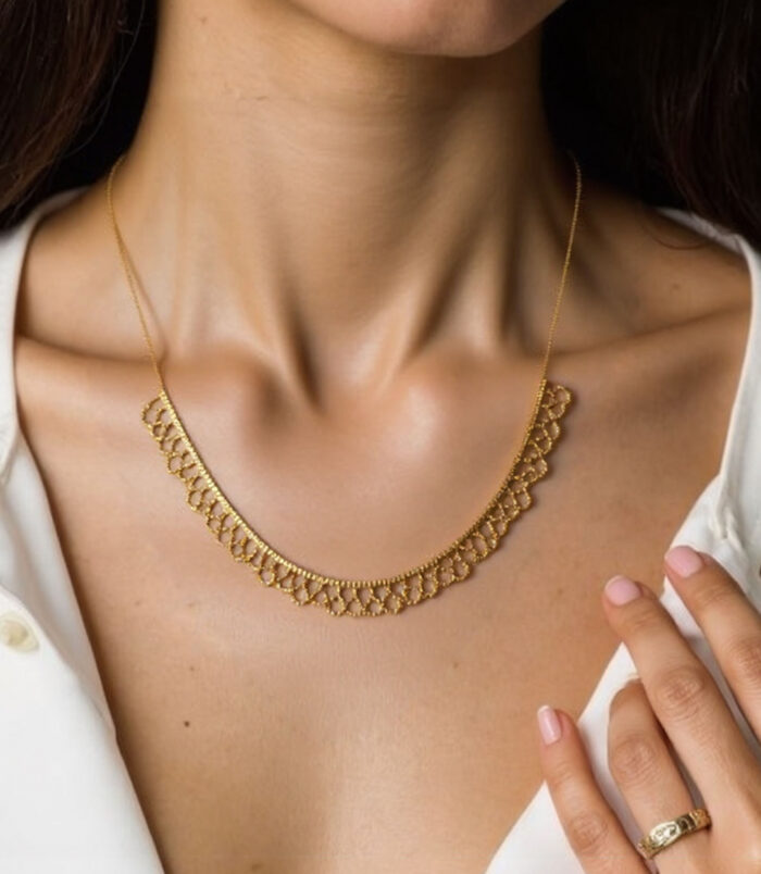 gold plated Sterling silver lace-trimmed necklace worn around model's neck