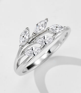 side view close-up of Unique Leaf-Inspired Marquise-Cut Cubic Zirconia Sterling Silver Ring