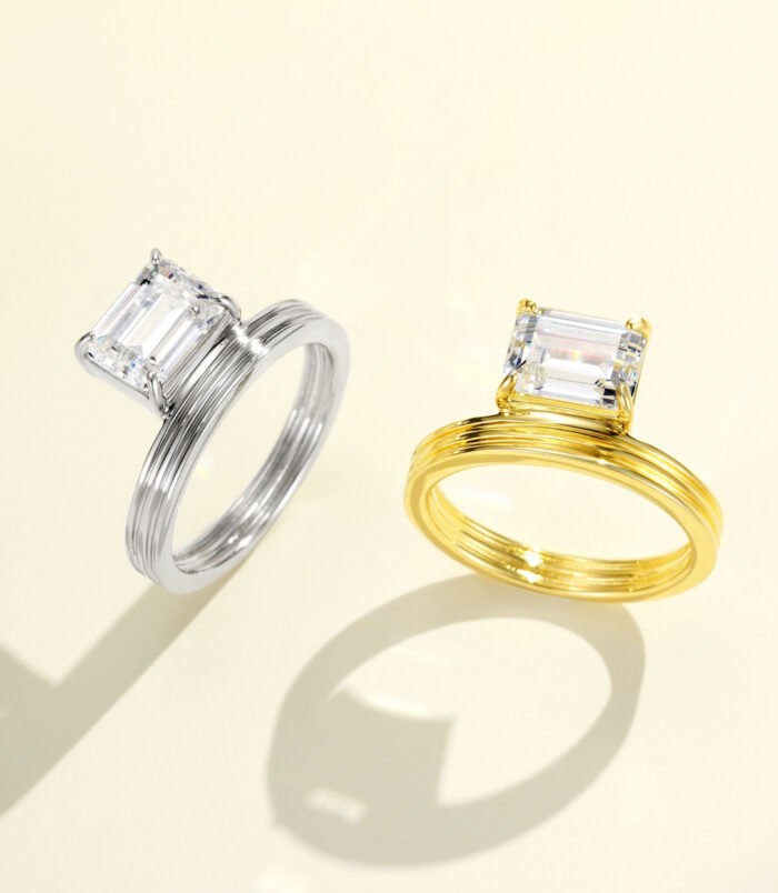 Emerald-Cut Cubic Zirconia Sterling Silver ring color comparison: white gold color vs. yellow gold color