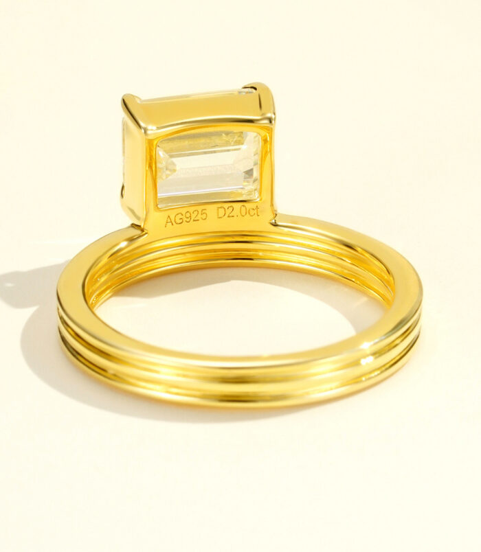 back view close-up of gold plated Emerald-Cut Cubic Zirconia Sterling Silver ring