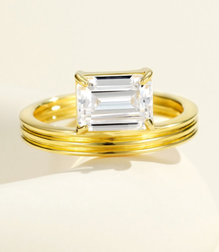 front view close-up of gold plated Emerald-Cut Cubic Zirconia Sterling Silver ring