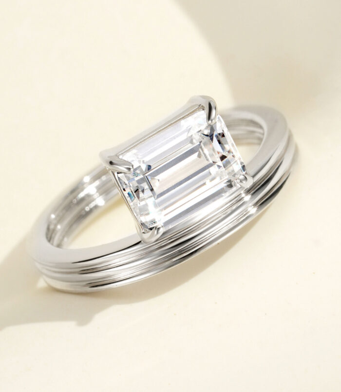 side view close-up of Rhodium plated Emerald-Cut Cubic Zirconia Sterling Silver ring