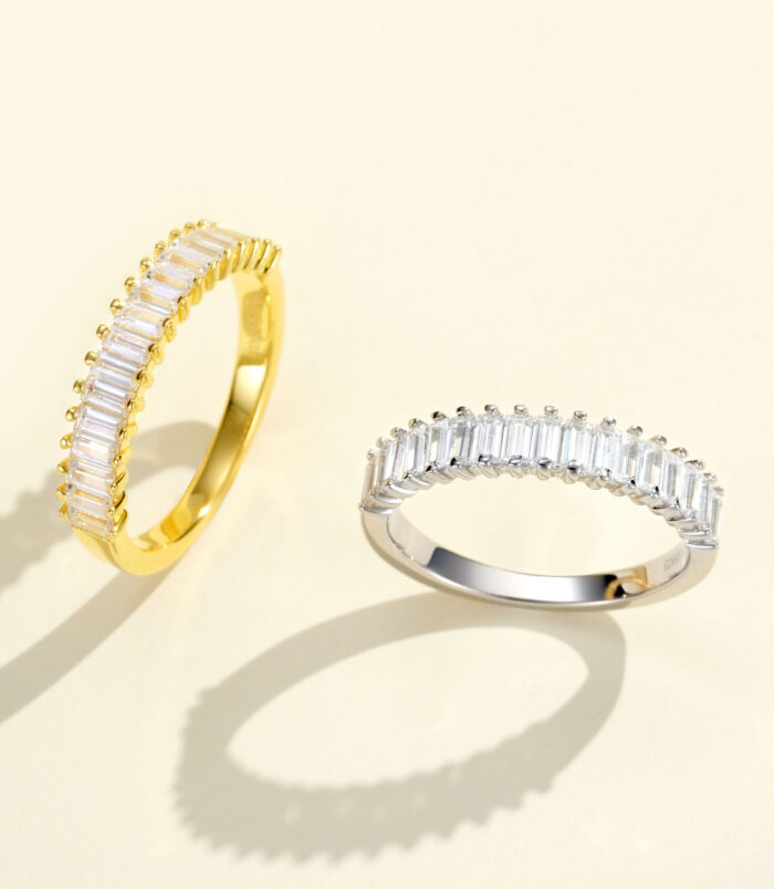 Baguette-Cut Zirconia Sterling Silver Band Ring color comparison: yellow gold color vs. white gold color