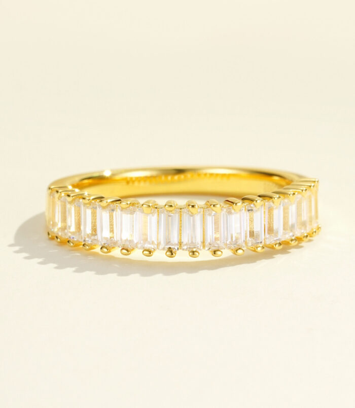 front view close-up of yellow gold plated Baguette-Cut Zirconia Sterling Silver Band Ring