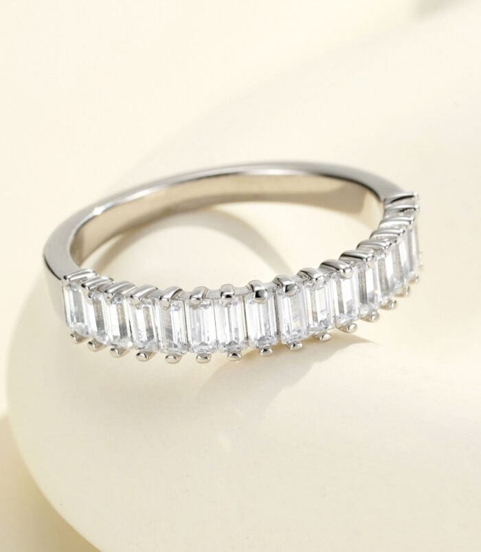 front view close-up of white gold plated Baguette-Cut Zirconia Sterling Silver Band Ring