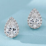 Elegant sterling silver stud earrings, featuring a large pear-shaped brilliant-cut white cubic zirconia stone as the centerpiece, surrounded by a halo of small round brilliant-cut white cubic zirconia stones, creating a timeless and sophisticated look perfect for adding a touch of glamour to any outfit.
