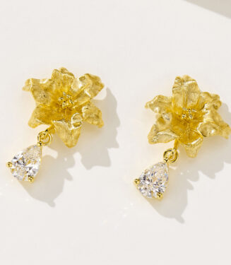 full view of yellow gold plated Sterling Silver Flower & zircon Drop Earrings