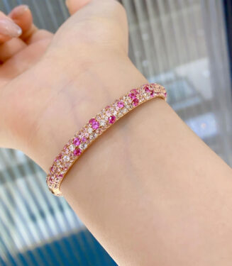 925 silver pink Diamond Gradient Bangle Bracelet on a wrist