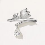 front side close-up of Symbolic Lily of the Valley Sterling Silver Ring with Zircon drop