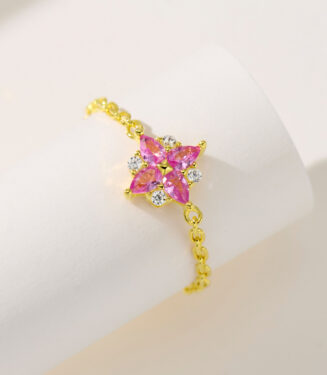 side view close-up of Pink Gemstone Sterling Silver ring with Zircon Accents