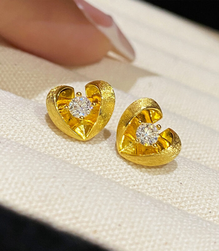 Sterling Silver Brushed Gold-Plated Heart Stud Earrings jewelry box display Sterling Silver Brushed Gold-Plated Heart Stud Earrings on a jewelry box
