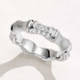 side view close-up details of Rhodium plated Sterling Silver zirconia Bamboo Ring