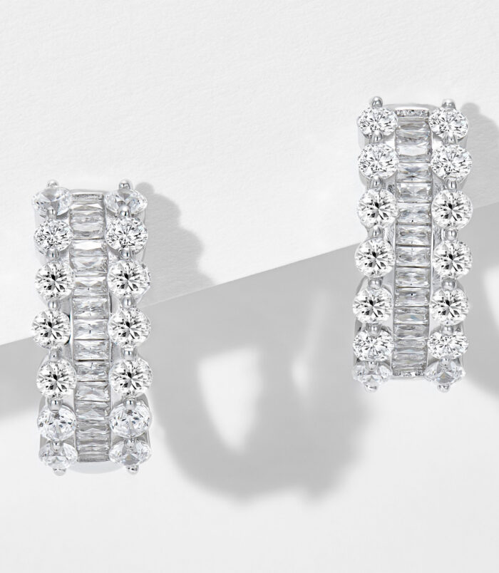 Sterling Silver Cubic Zirconia Huggie Hoop Earrings front view front side of Sterling Silver Cubic Zirconia Huggie Hoop Earrings