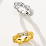 side by side comparison of Sterling Silver zirconia Bamboo Ring: white gold color vs. yellow gold color
