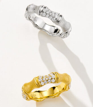 side by side comparison of Sterling Silver zirconia Bamboo Ring: white gold color vs. yellow gold color