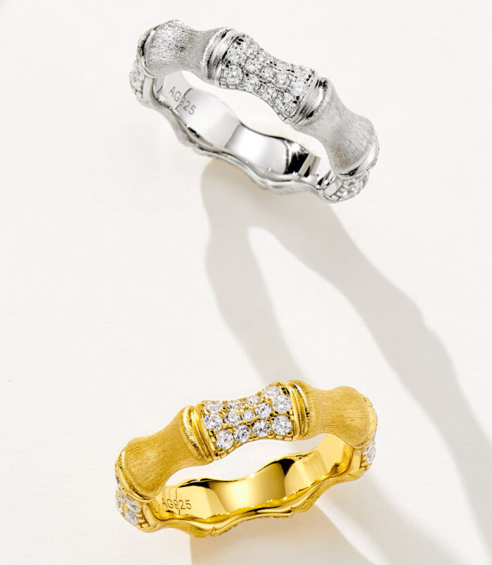 side by side comparison of Sterling Silver zirconia Bamboo Ring: white gold color vs. yellow gold color