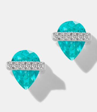 Sterling silver stud earrings featuring a pear-cut Paraiba stone with a horizontal bar of smaller white cubic zirconia stones.