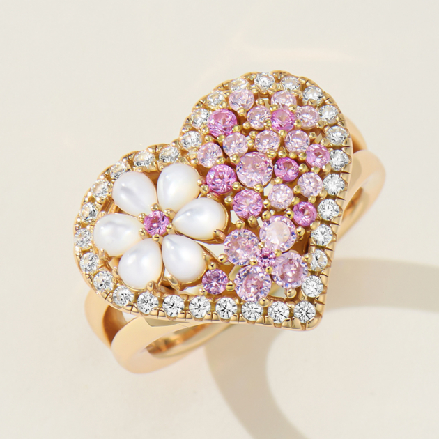 Pink Diamond Flower Heart Ring｜Silver Ring