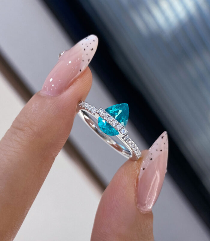 Pear-Shaped Paraiba Sterling Silver Ring handheld details hand held close-up details of Pear-Shaped Paraiba Sterling Silver Ring