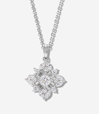 Exquisite sterling silver necklace featuring an intricate snowflake-shaped pendant adorned with a mix of round, marquise, and baguette-cut white cubic zirconia stones, creating a dazzling and sophisticated look perfect for adding a touch of winter wonderland charm to any outfit.
