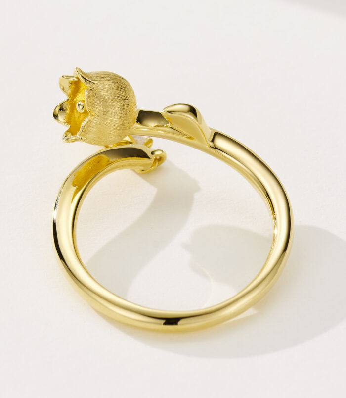 back side view close-up of Symbolic Lily of the Valley Sterling Silver Ring with Zircon drop