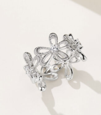 side view close-up of Romantic Floral Design Sterling Silver Ring