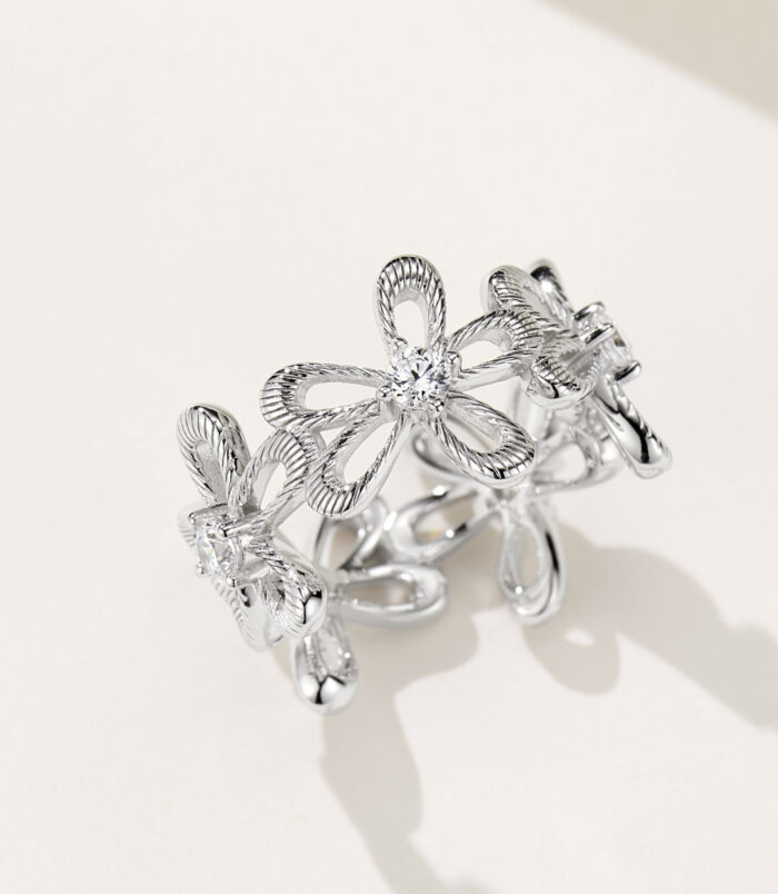 side view close-up of Romantic Floral Design Sterling Silver Ring