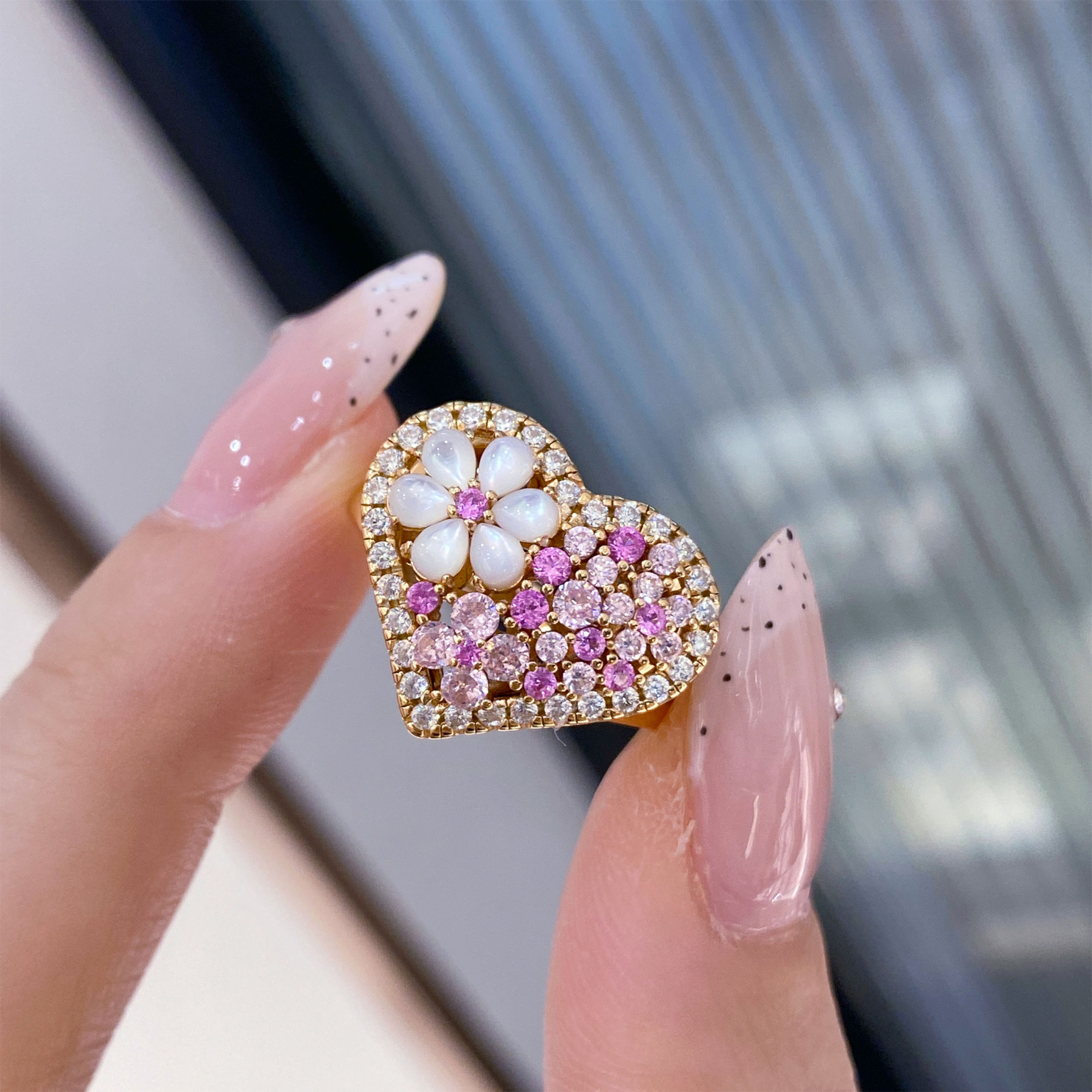 Pink Diamond Flower Heart Ring|Silver Ring - 图片 3