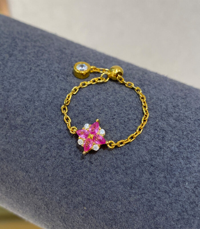 Pink Gemstone Sterling Silver ring with Zircon Accents on a Jewelry display rack